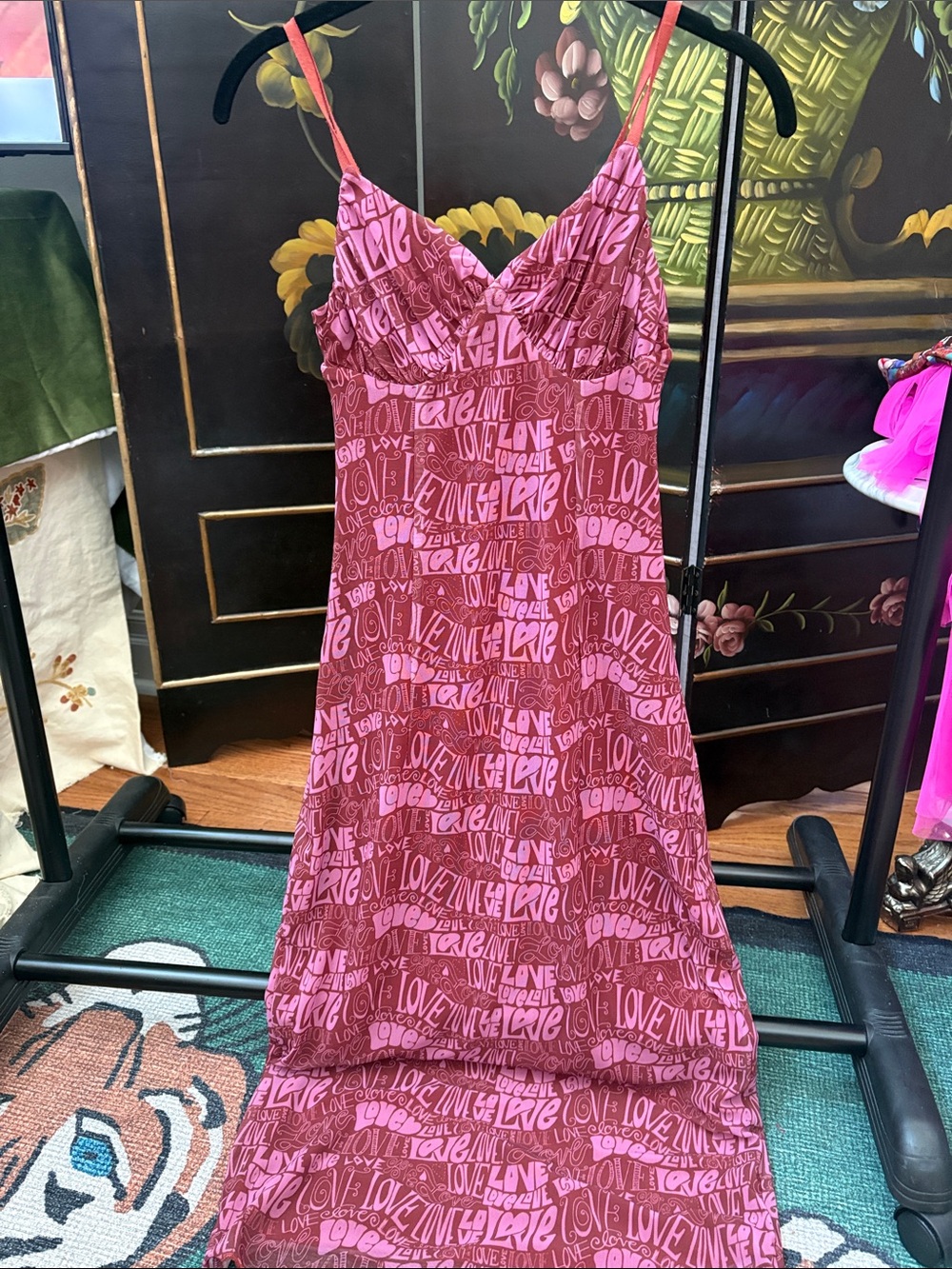 Urban Outfitters Pink & Magenta 'LOVE' Print Slip Maxi Dress
